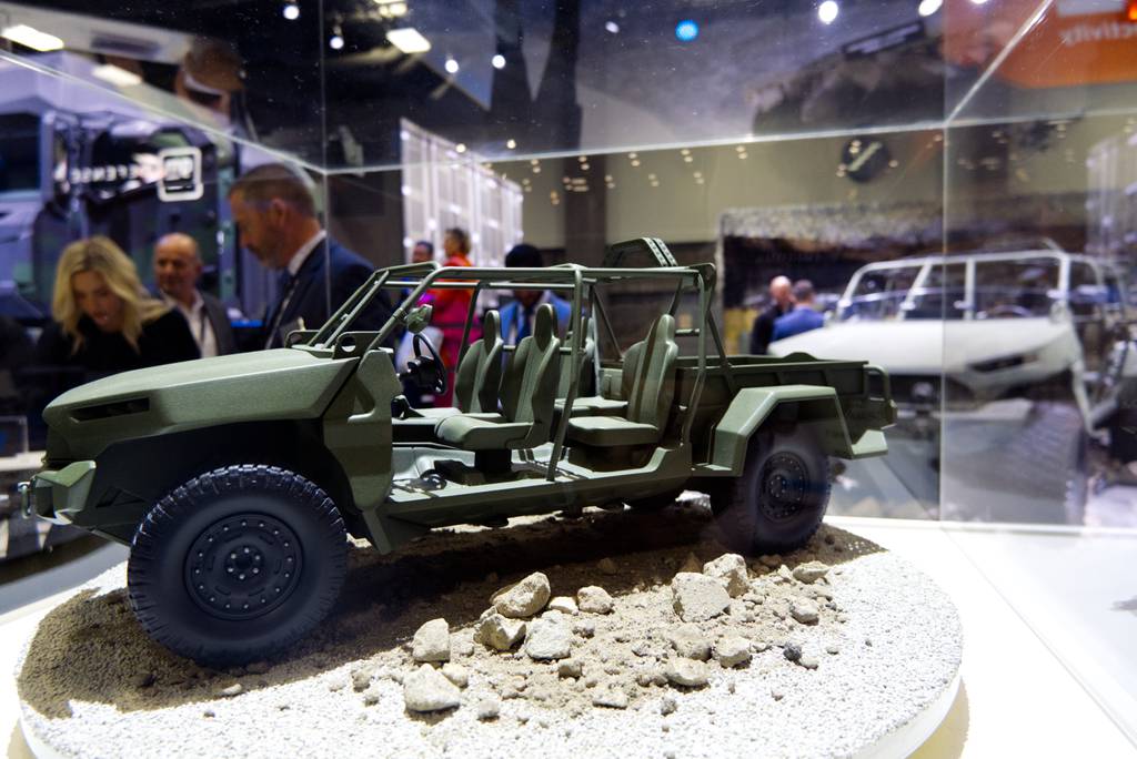 A model of the Infantry Squad Vehicle is seen at the GM Defense booth Oct. 11, 2023, at the Association of the U.S. Army conference in Washington, D.C.