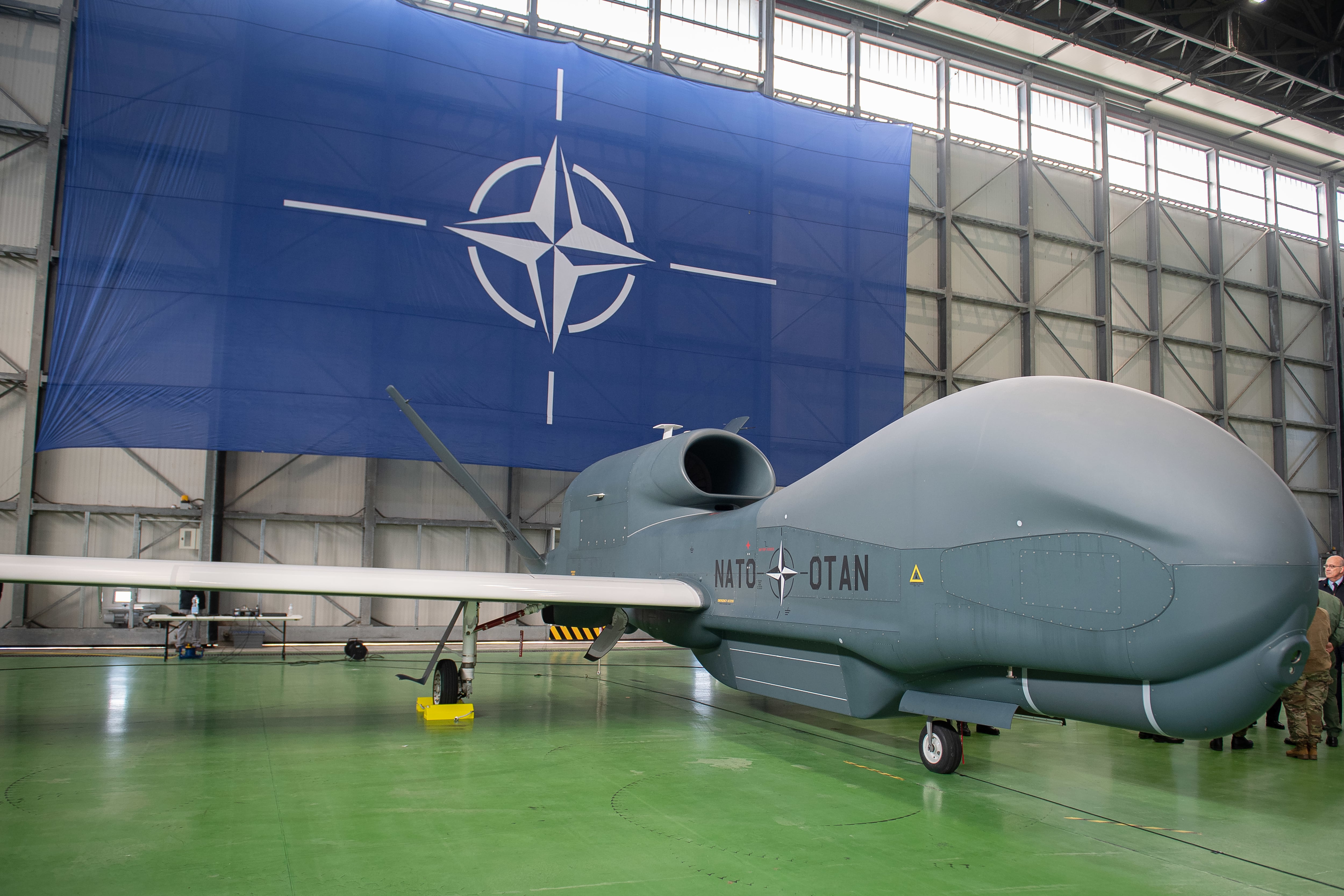 A NATO RQ-4D aircraft, dubbed “Phoenix,” seen in a hangar at Sigonella Air Base in Italy.