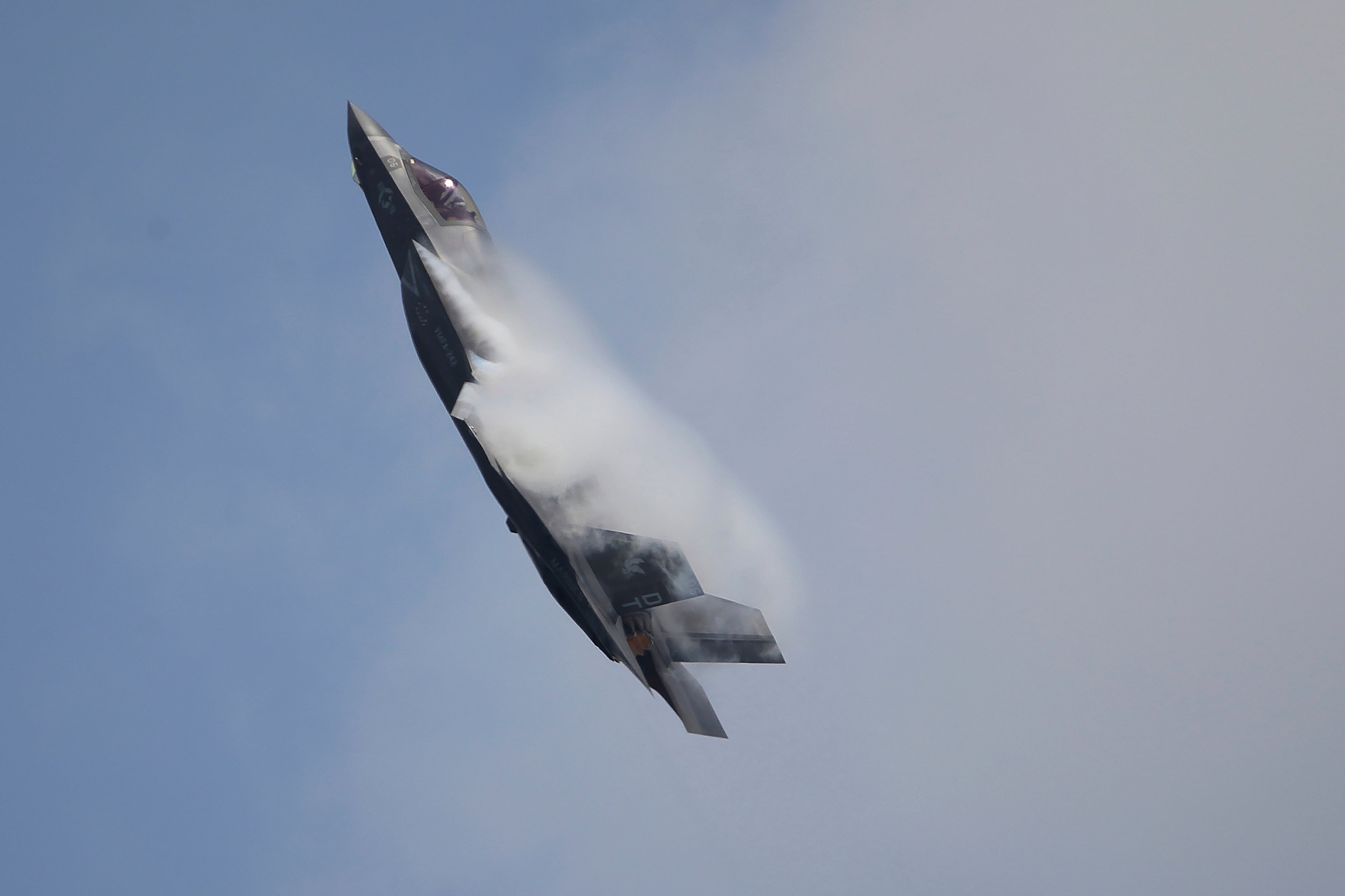 A U.S. Marine Corps F-35B Lightning II takes part in an aerial display during the Singapore Airshow 2022 at Changi Exhibition Centre in Singapore, on Feb. 15, 2022.