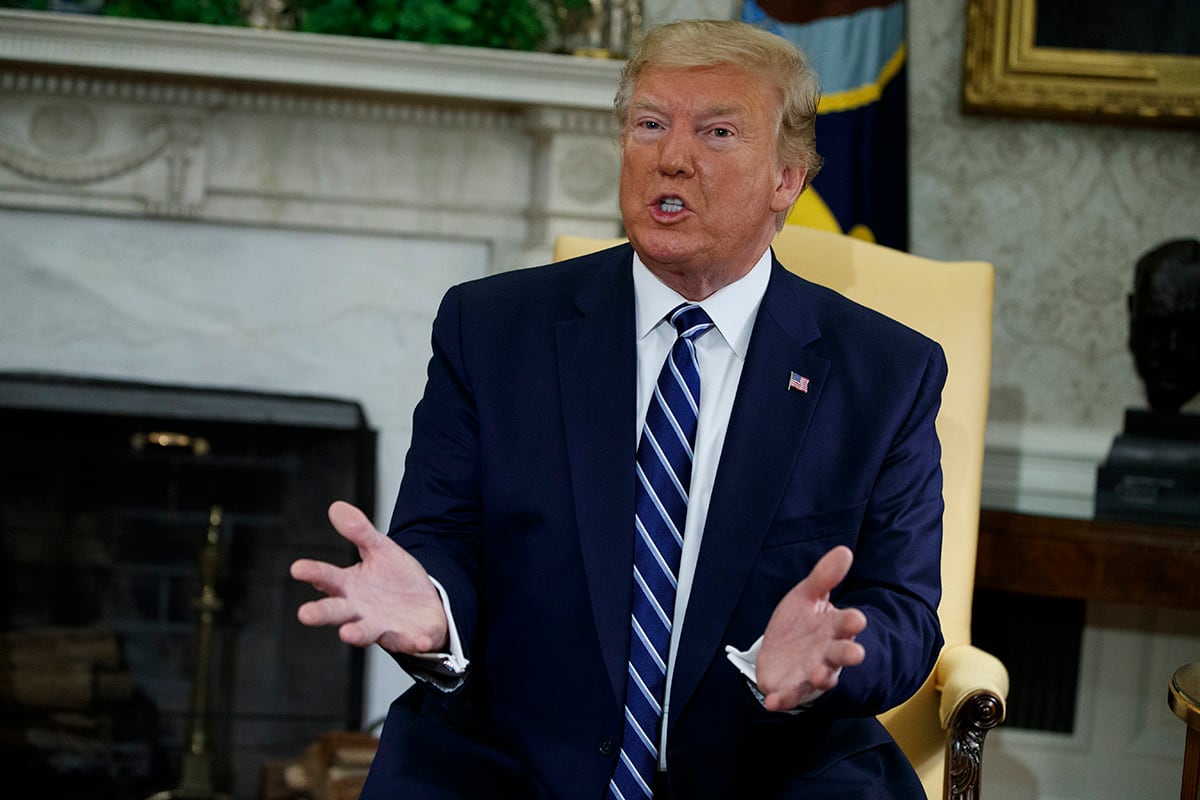 President Donald Trump speaks during a meeting with Canadian Prime Minister Justin Trudeau in the Oval Office of the White House, Thursday, June 20, 2019, in Washington.