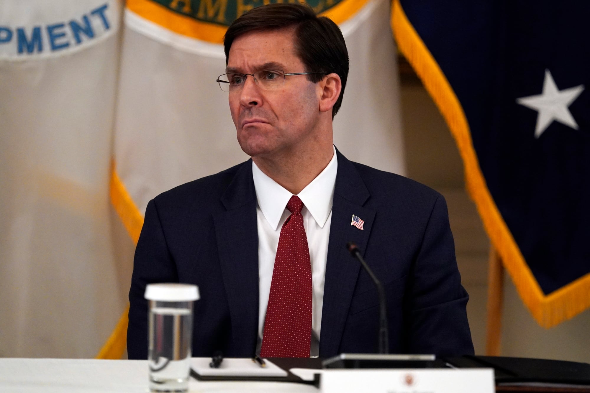 Defense Secretary Mark Esper listens during a Cabinet Meeting with President Donald Trump in the East Room of the White House