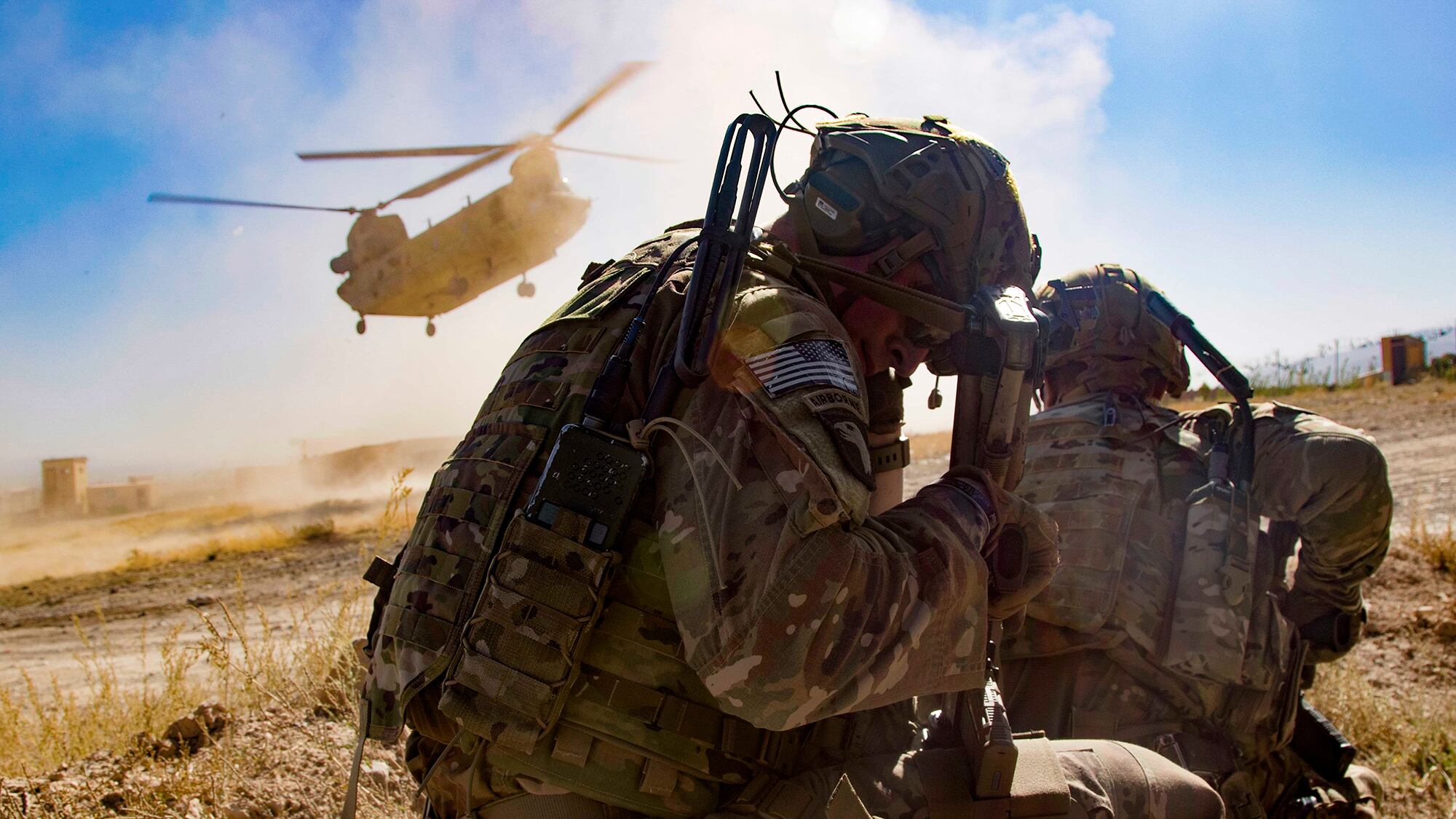 The dust kicks up as a CH-47 Chinook helicopter prepares to land in order to extract Afghan National Army and U.S. soldiers following an advise-and-assist mission Sept. 17, 2019, in southeastern Afghanistan.