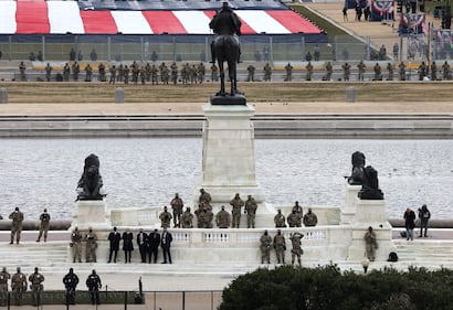 National Guard troops look on during the inauguration of President-elect Joe Biden on the West Front of the Capitol on Jan. 20, 2021, in Washington.