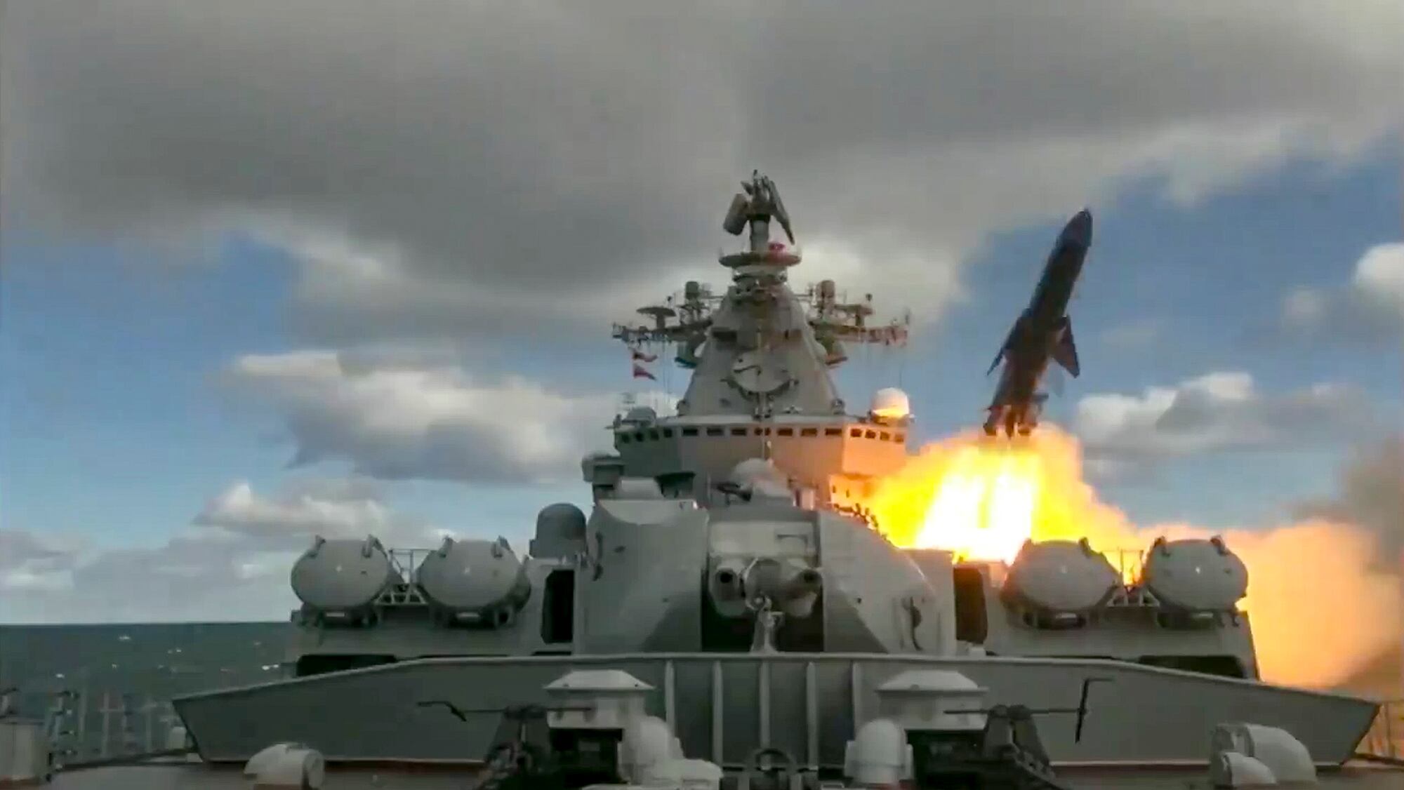 In this undated video grab provided by Russian Defense Ministry Press Service, Russian warships take part in maneuvers in the Bering Sea.