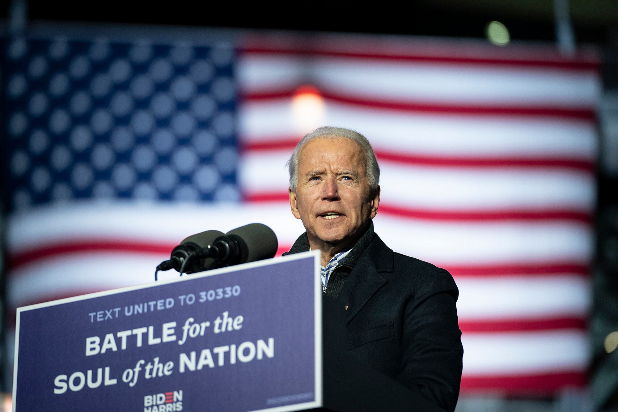 Democratic presidential nominee Joe Biden speaks during a drive-in campaign rally at Heinz Field on Nov. 02, 2020, in Pittsburgh, Pa.