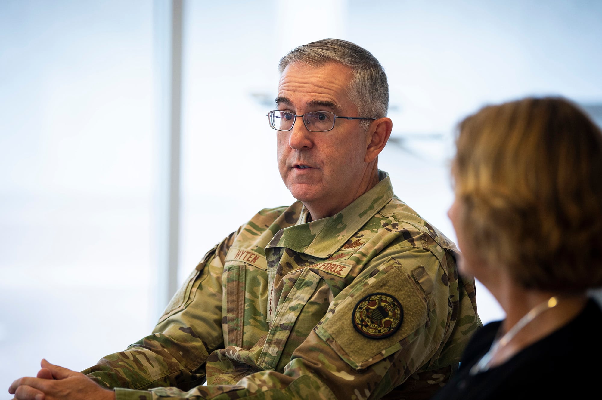 U.S. Air Force Academy cadets listen and ask questions with Gen. John Hyten at the academy in Colorado Springs, Colo., Sept. 8, 2020.