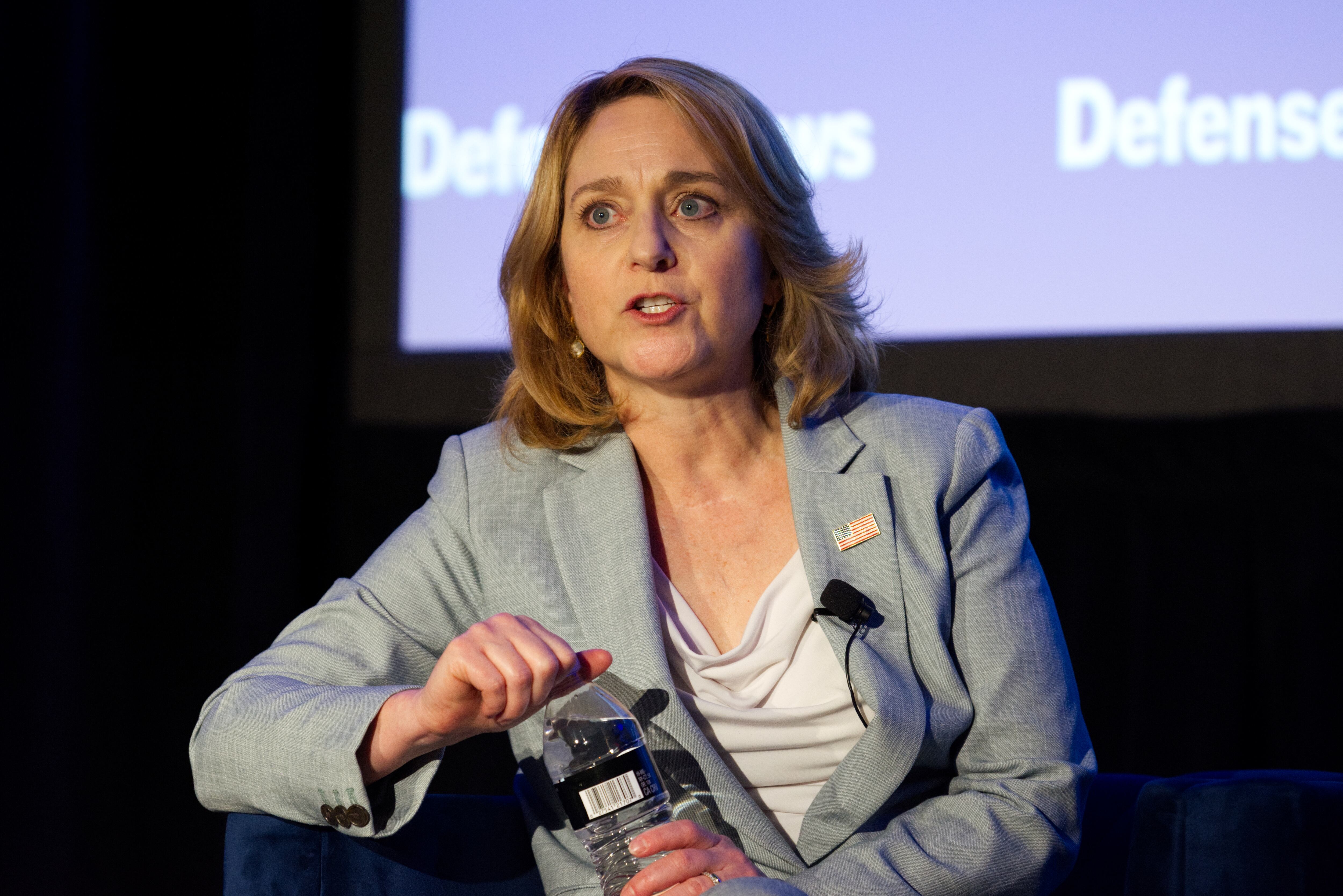 Deputy Defense Secretary Kathleen Hicks, onstage at the Defense News Conference, answers a question Sept. 6, 2023.