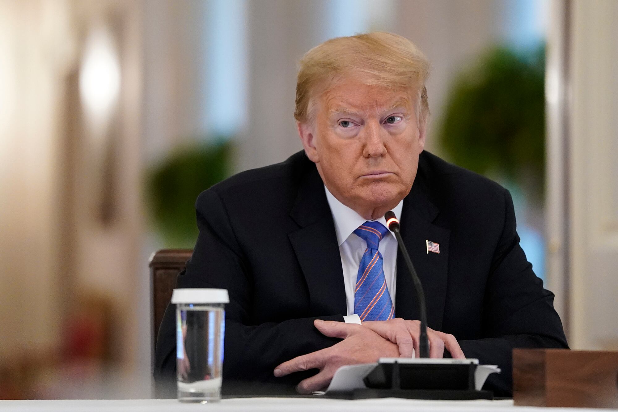 President Donald Trump participates in a meeting of the American Workforce Policy Advisory Board in the East Room of the White House on June 26, 2020, in Washington.