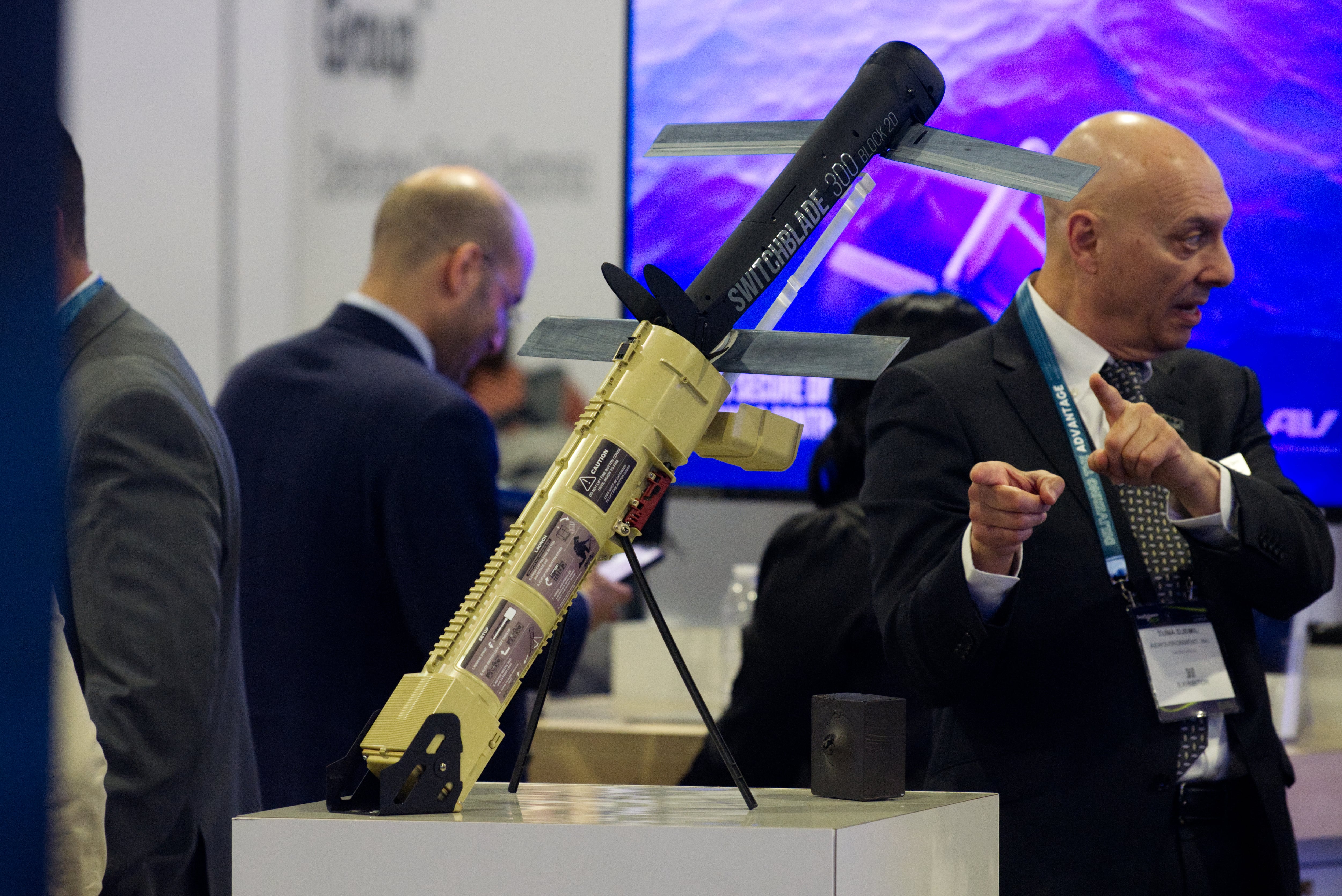 A Switchblade 300 Block 20 loitering munition, made by AeroVironment, is staged at the company's Sea-Air-Space booth in 2024.