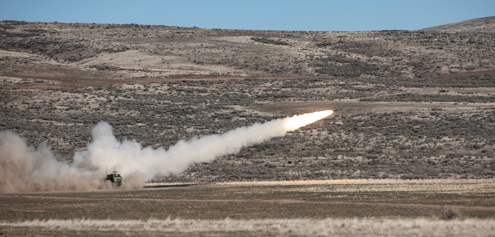 A High Mobility Artillery Rocket System (HIMARS) from A Battery, 5th Battalion, 3rd Field Artillery Regiment, 17th Field Artillery Brigade, launches a rocket in Yakima Training Center, Wash., during a live fire qualification range on March 11, 2020.