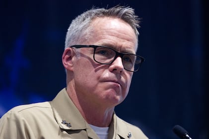 U.S. Navy Rear Adm. Michael Brookes, the Office of Naval Intelligence boss, listens to a reporter's question Feb. 13, 2024, at the West conference in San Diego.