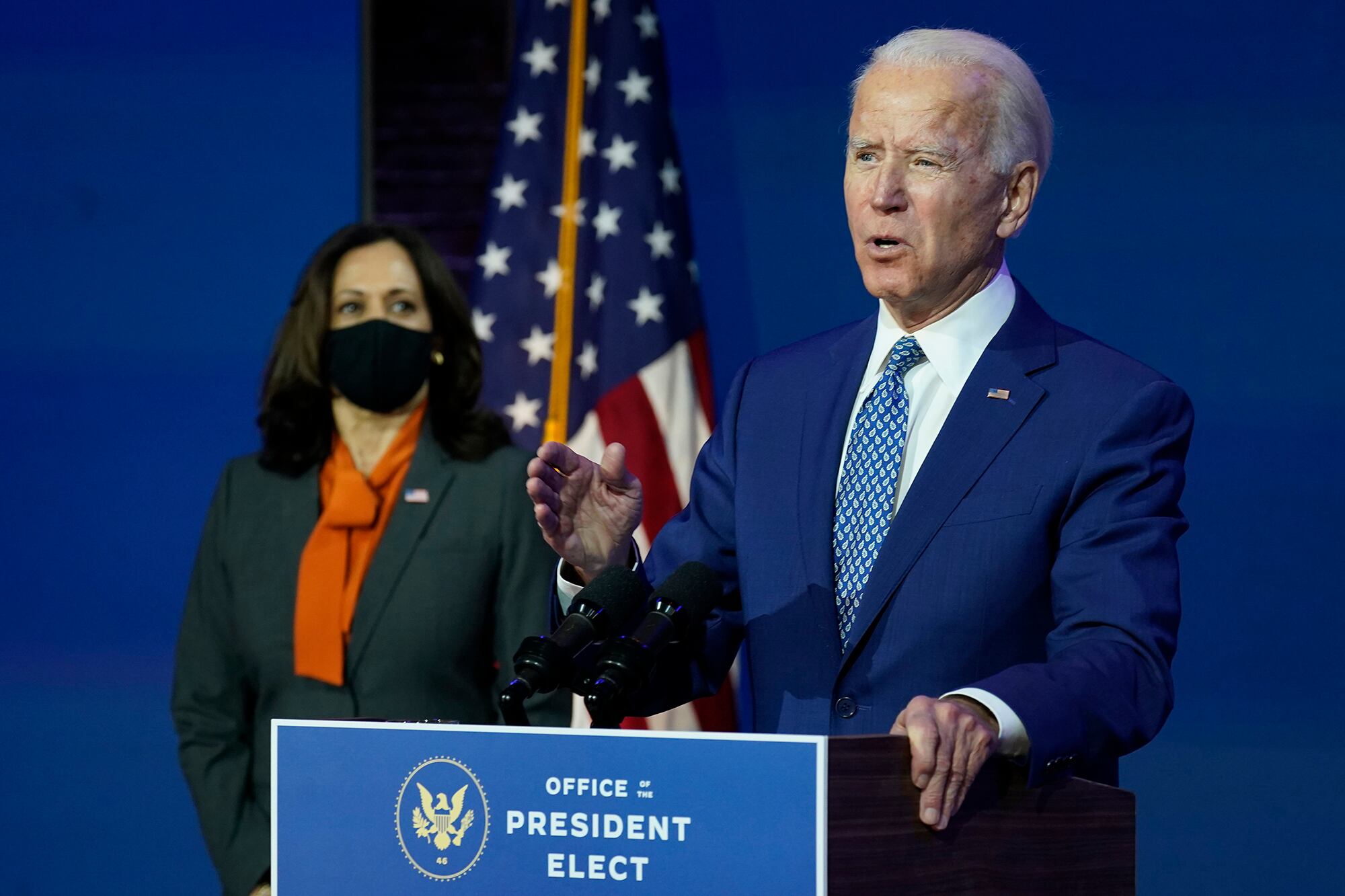 President-elect Joe Biden, joined by Vice President-elect Kamala Harris, speaks at The Queen theater, Monday, Nov. 9, 2020, in Wilmington, Del.