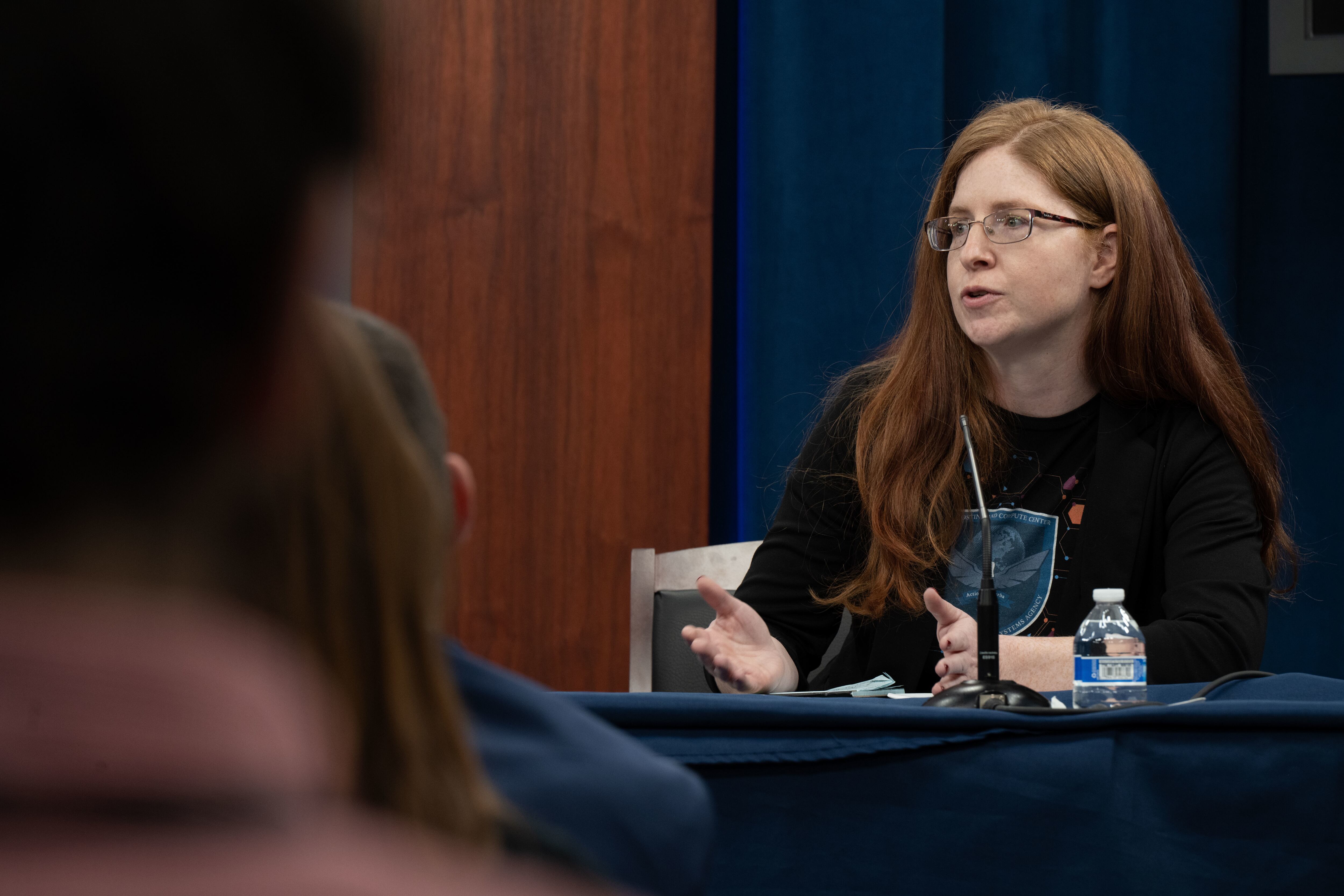 Sharon Woods, the Defense Information Systems Agency Hosting and Compute Center director, answers a question at a briefing on the Pentagon's award of the Joint Warfighting Cloud Capability in December 2022.