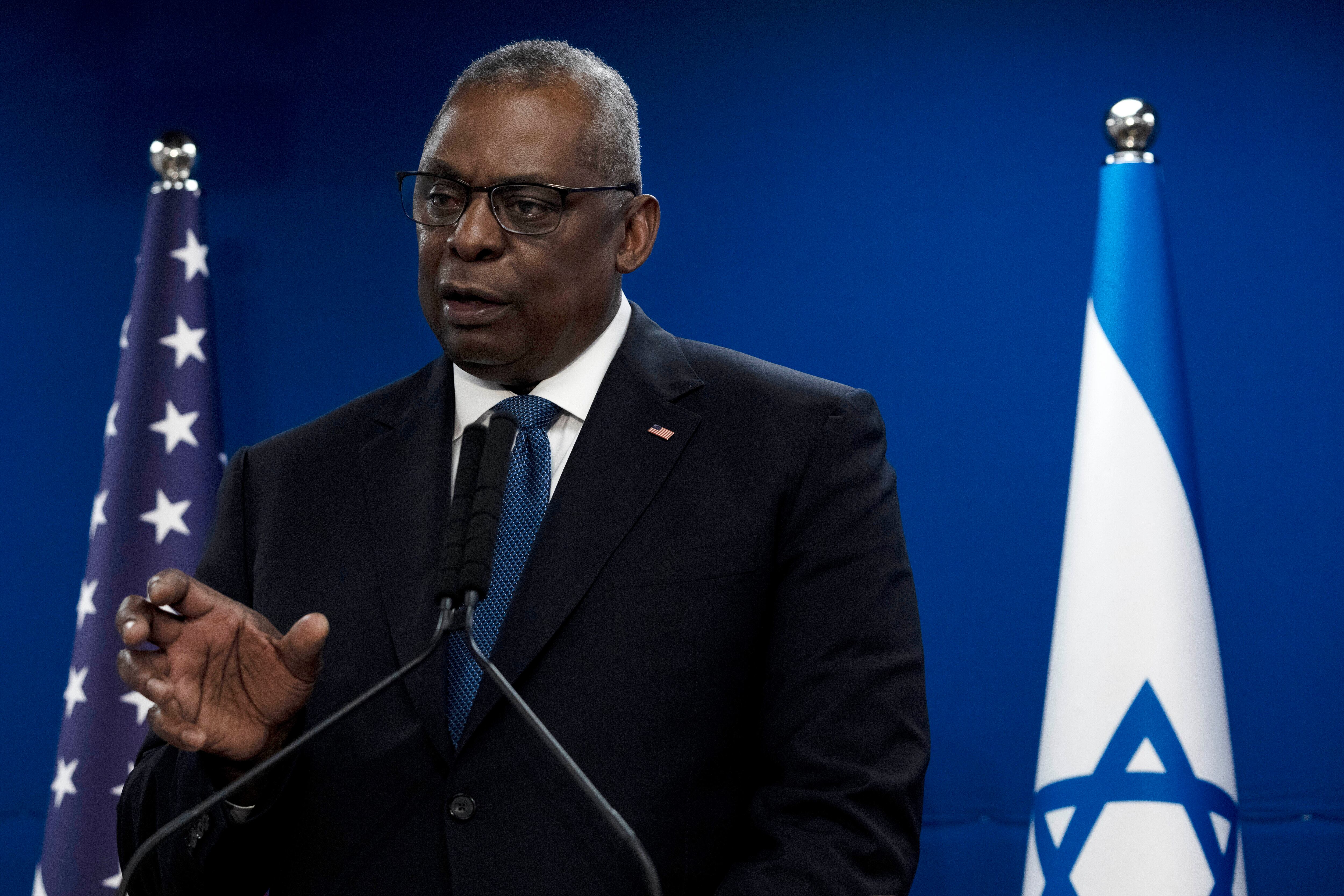 U.S. Secretary of Defense Lloyd Austin makes a joint statement with Israel Minister of Defense Yoav Gallant, after their meeting about Israel's military operation in Gaza, in Tel Aviv, Israel, Monday, Dec. 18, 2023.