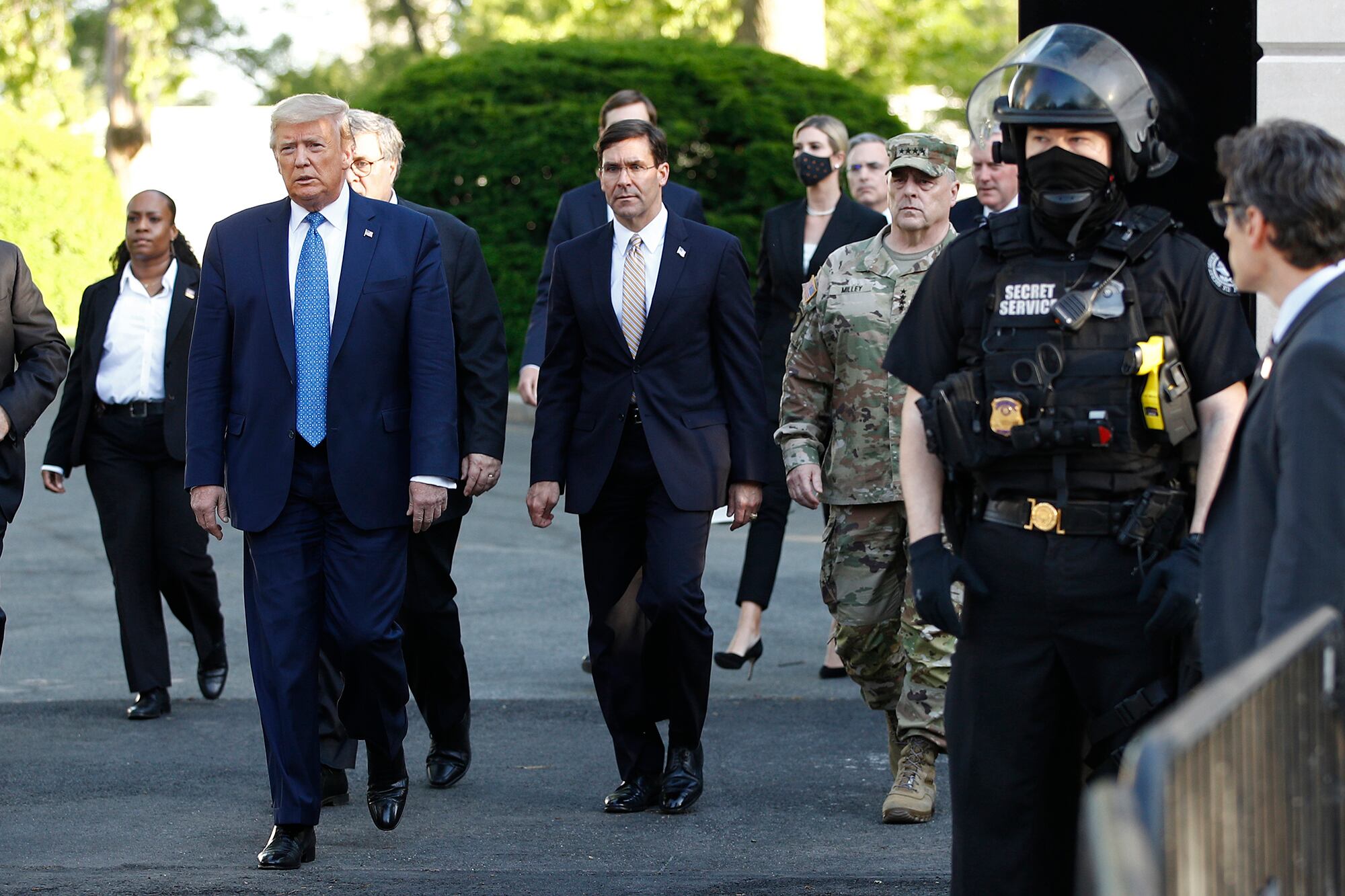 In this June 1, 2020, file photo President Donald Trump departs the White House to visit outside St. John's Church in Washington.