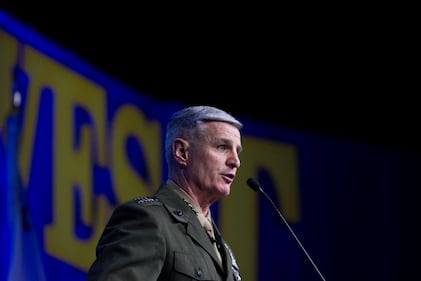 Gen. Christopher Mahoney, the U.S. Marine Corps assistant commandant, answers an audience question Feb. 15, 2024, at the West naval conference in San Diego.