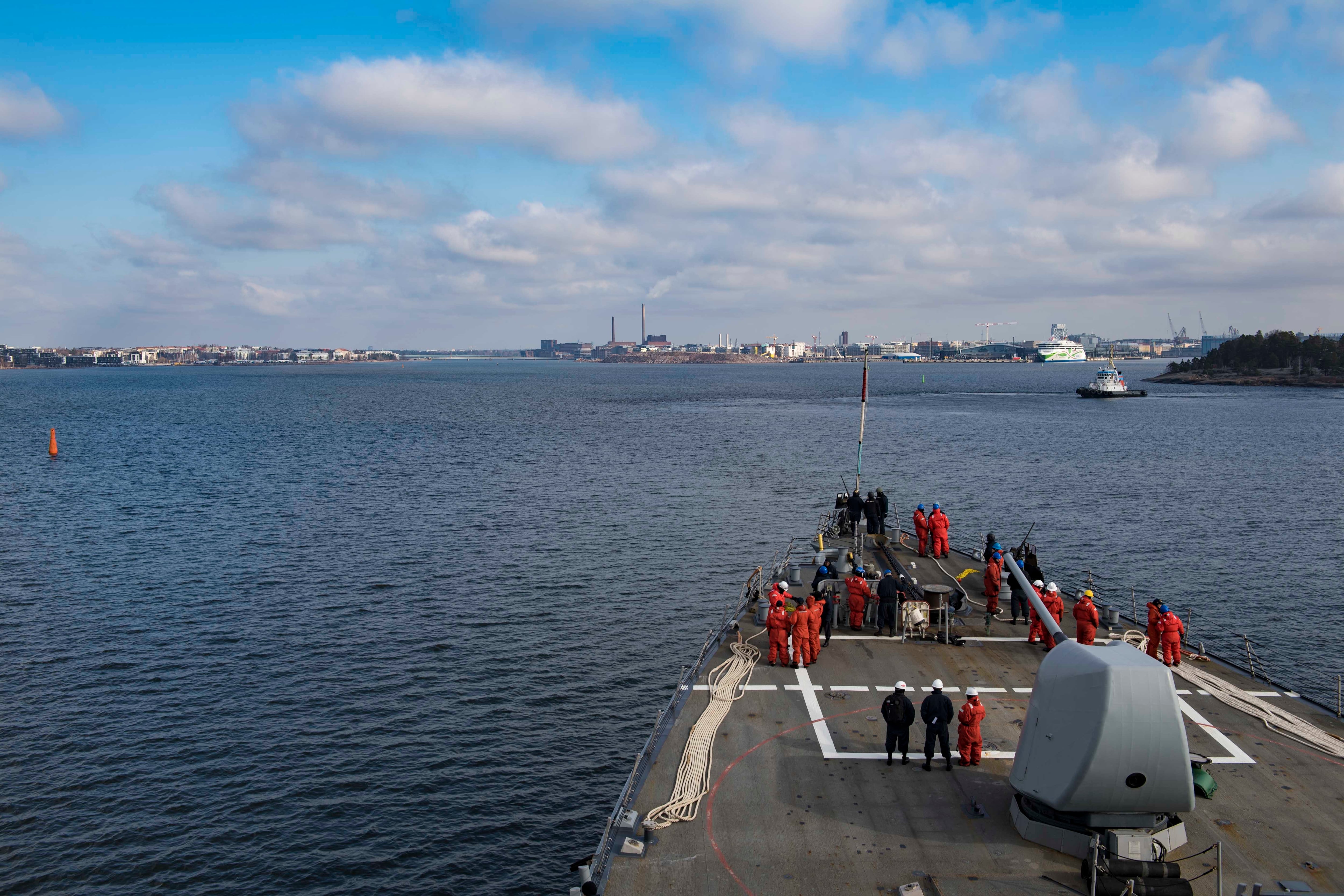 The Arleigh Burke-class guided-missile destroyer USS Porter arrives in Helsinki, Finland, for a scheduled port visit April 18, 2018.