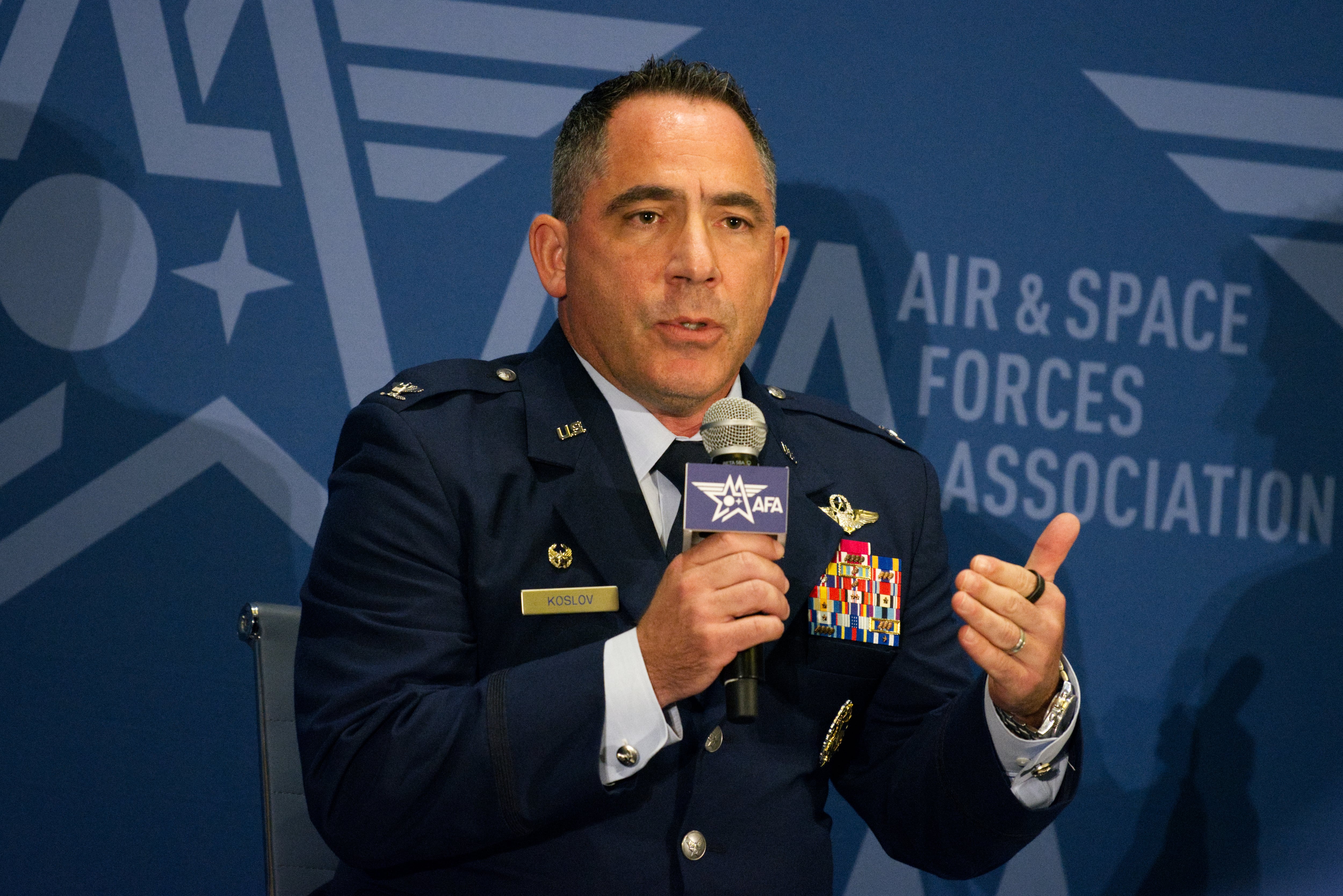 U.S. Air Force Col. Josh Koslov, the commander of the 350th Spectrum Warfare Wing, speaks Sept. 13, 2023, at the Air, Space and Cyber conference in Maryland.