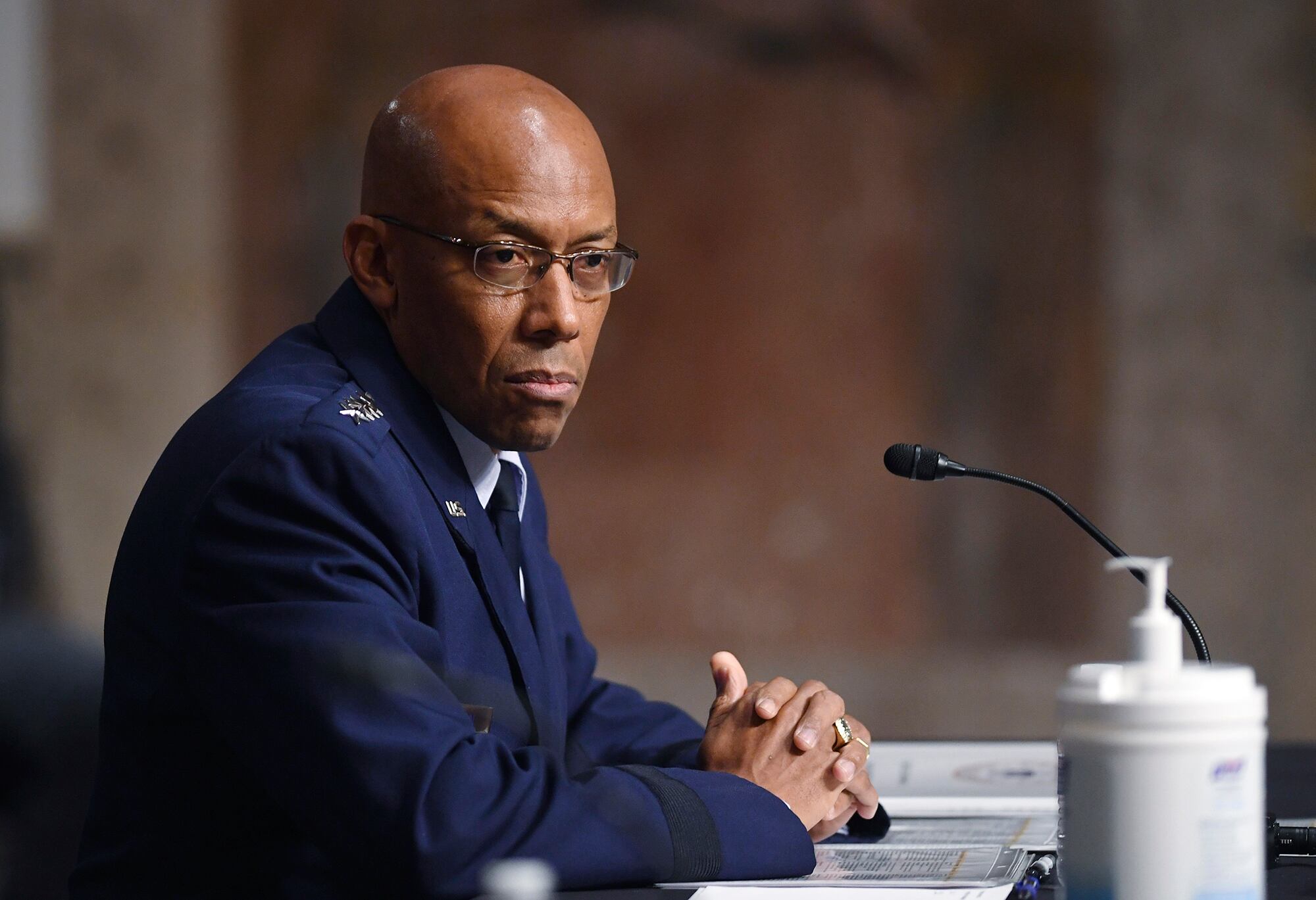 Gen. Charles Q. Brown Jr., nominated for reappointment to the grade of general and to chief of staff of the U.S. Air Force, testifies during a Senate Armed Services Committee nominations hearing on Capitol Hill in Washington