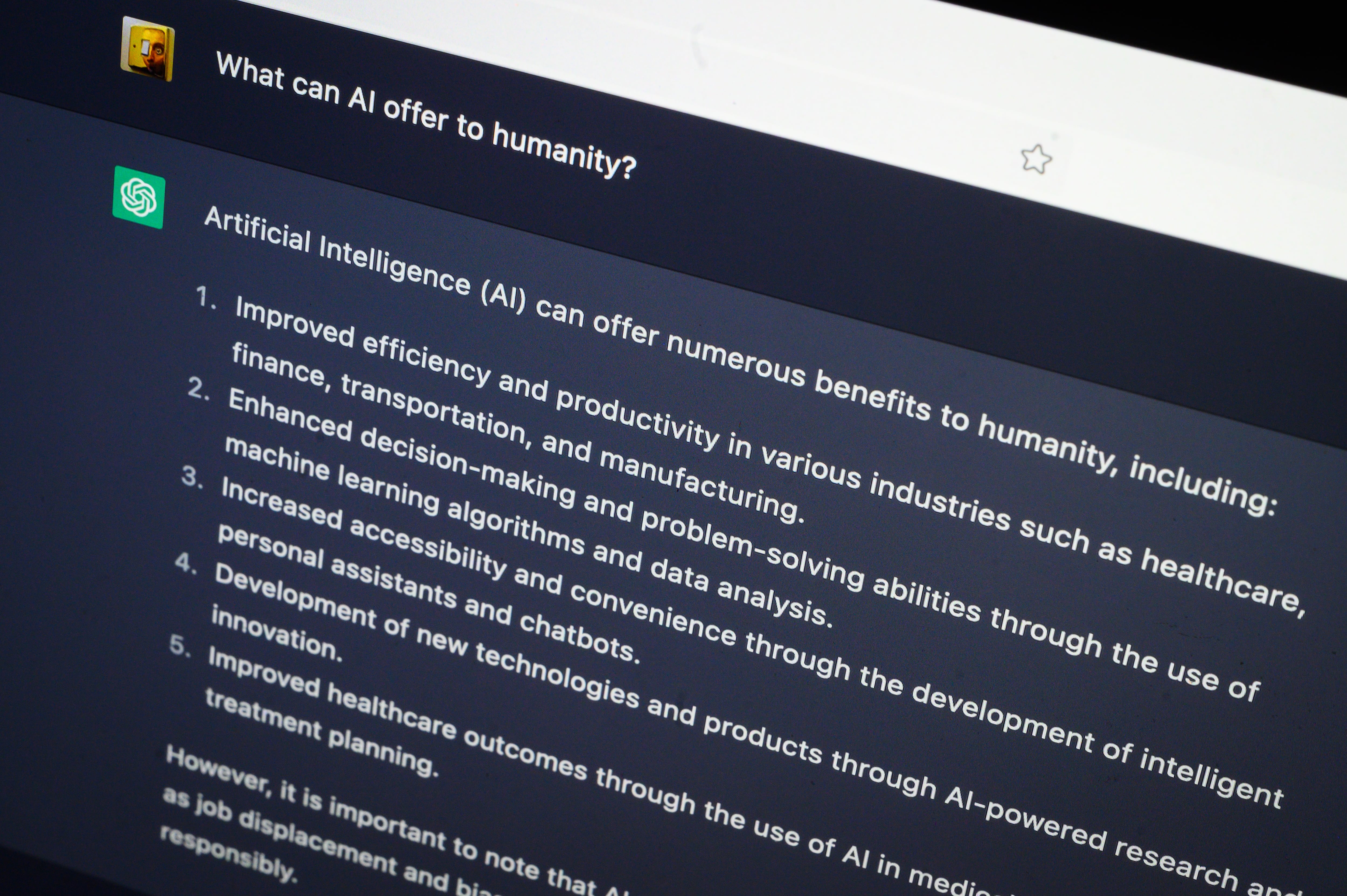 In this photo illustration, OpenAI's ChatGPT answers the question, "What can AI offer to humanity?"